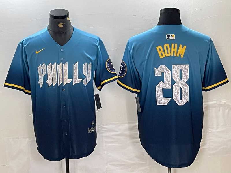 Mens Philadelphia Phillies #28 Alec Bohm Blue 2024 City Player Number Cool Base Stitched Jersey